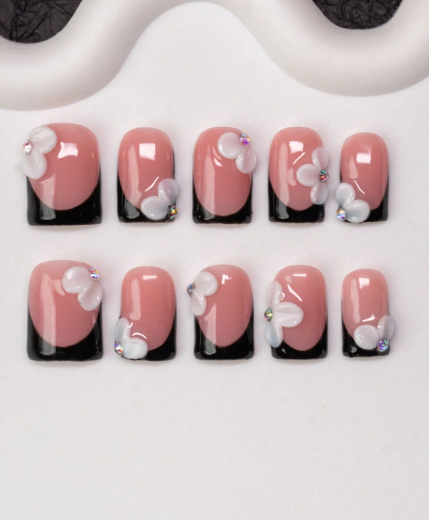 Soft Pink & Black Floral Tips