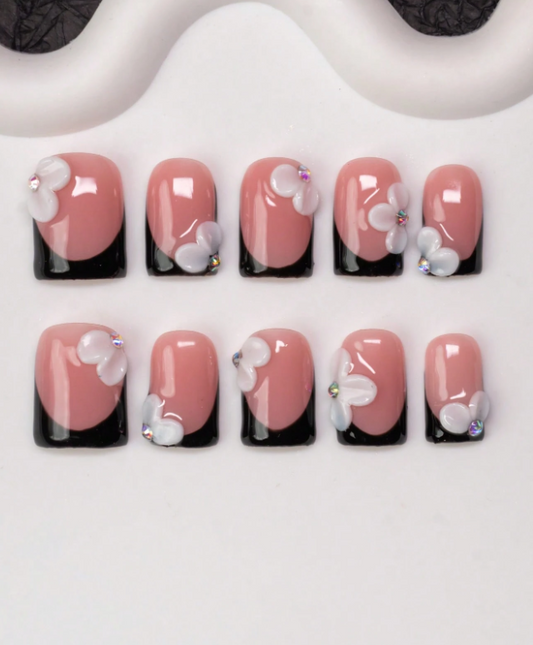 Soft Pink & Black Floral Tips