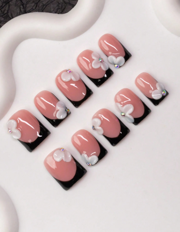 Soft Pink & Black Floral Tips