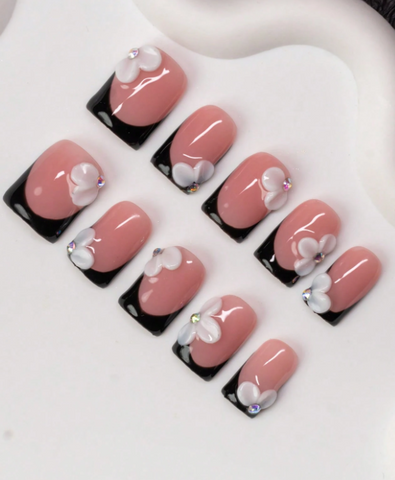 Soft Pink & Black Floral Tips